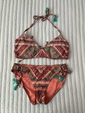 Xhilaration Coral Multi-Color Tribal Print Bikini Set